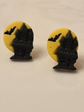 Halloween Haunted House Stud  Earrings - Yellow and Black